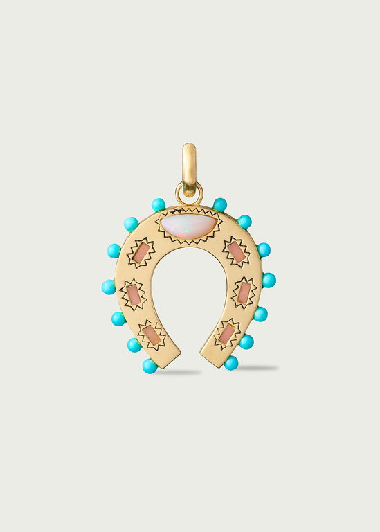 14K Gold Turquoise Opal & Pearl Holly Horseshoe Charm