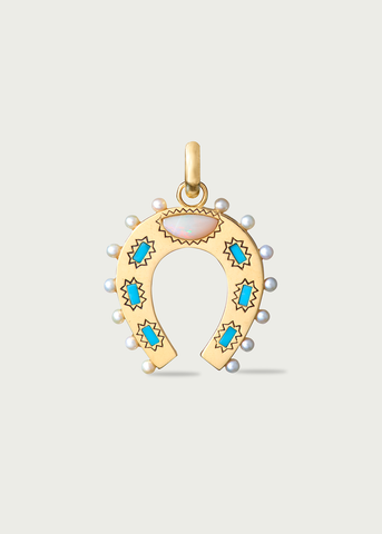 14K Gold Turquoise Opal & Pearl Holly Horseshoe Charm